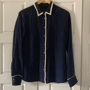 J Crew silk Tipped Boy Shirt in Navy w/ Ivory Sz 6